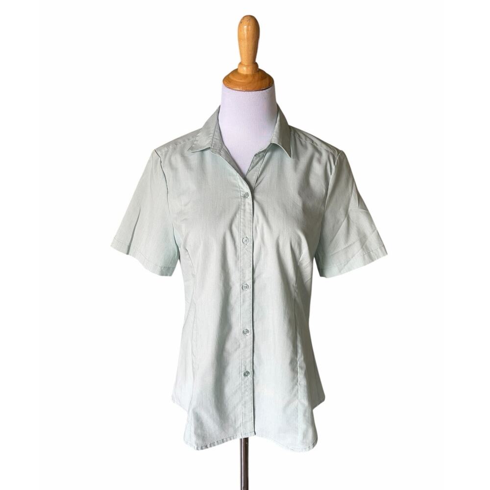 Womens Short Sleeved Green Button Up Blouse Sz M Career Teacher Business Casual